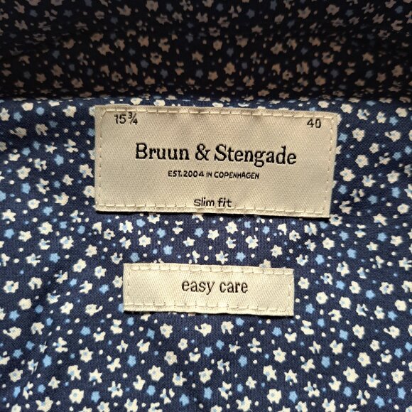 New Bruun & Stengade Men's Slim Fit Floral Button Down Blue Shirt Size 40 - Picture 13 of 16